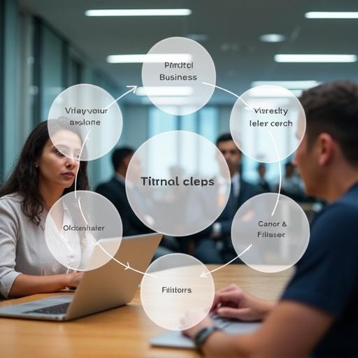 A modern office setting featuring a business meeting. Two young professionals, a man and a woman, are seated at a wooden conference table with laptops. A circular business diagram is superimposed above. Background shows other businessmen in a glass-fronted office under fluorescent lights.