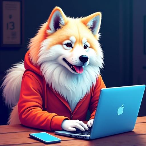 Illustration shows a samoyedo dog wearing a red hoodie. The dog is focused on coding using a MacBook. The scene includes a smartphone on the table. Bright colors and cheerful details dominate the artwork.