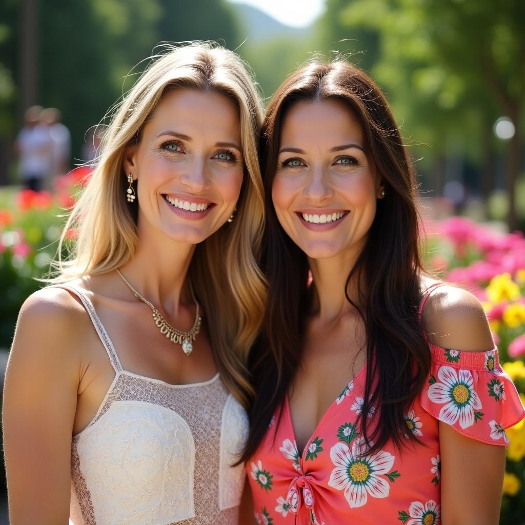 Two women posing together in a sunny garden setting. One has long blonde hair and wears a white dress. The other has long dark hair and wears a floral top. The background features colorful flowers and greenery.