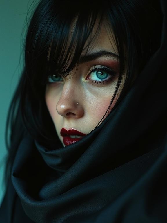Cinematic film still showcasing vintage fashion. A woman with deep turquoise blue eyes wearing a satin shawl. Perfect anatomy with large pillowy lips. Cinematic skin tone with a blurred background. Shot in high quality with a retro photography style. Includes film grain and a cinematic feel. The woman's face is partially obscured.