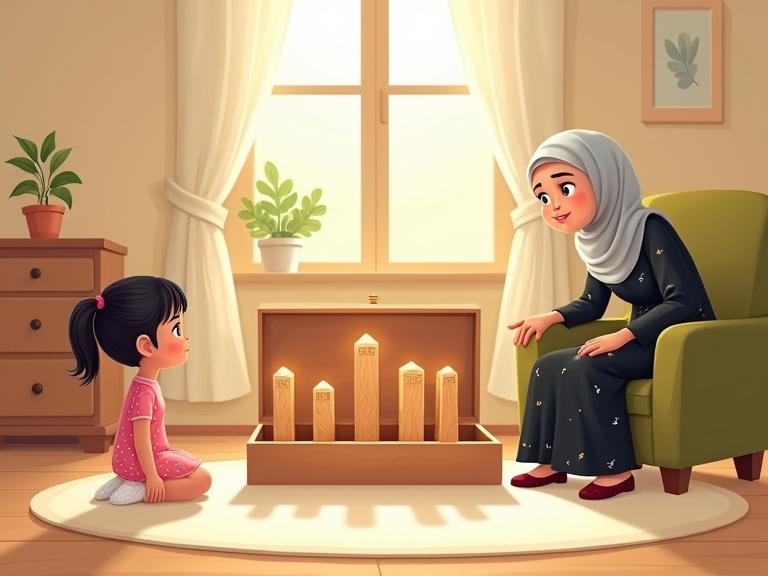 A digital illustration in a soft, flat-style cartoon suitable for children’s storybooks. Leila sits on the wooden floor in front of a box containing five uniquely shaped pillars. Sunlight shines through a window with soft curtains. Grandmother leans forward in an olive green chair. The atmosphere is warm and calm.