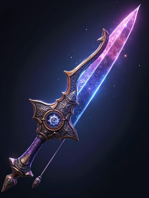 Fantasy sword that glows with a galaxy pattern. Features ornate hilt design, glowing blade, and no backdrop. Represents a legendary weapon in an ARPG game.