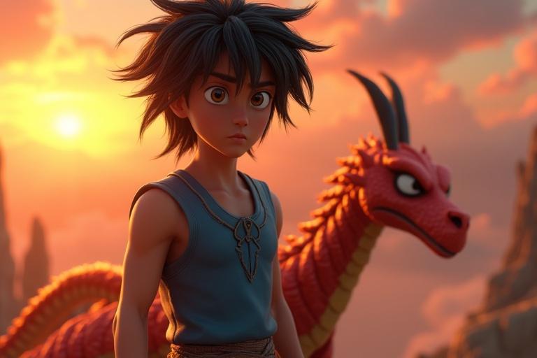 A heroic character Arjun stands on a cliff with messy black hair blowing in the wind. Agni, a dragon, is behind him. The scene features vibrant sunset colors and hyper-realistic textures.