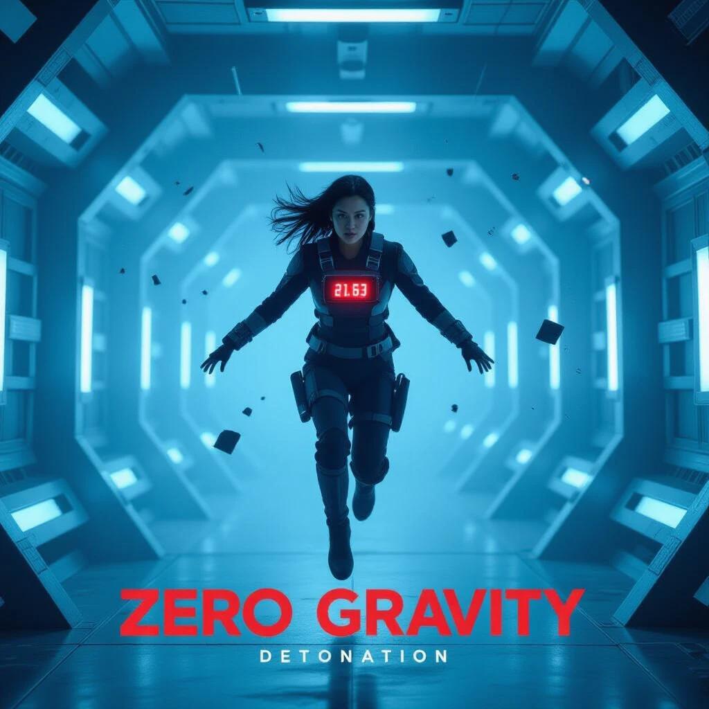 Futuristic corridor features floating character with a digital bomb timer. Shards of debris suspended in mid-air. Cold blue lighting creates a mysterious atmosphere. Title displayed in broken red geometric lettering. High-quality sci-fi realism.