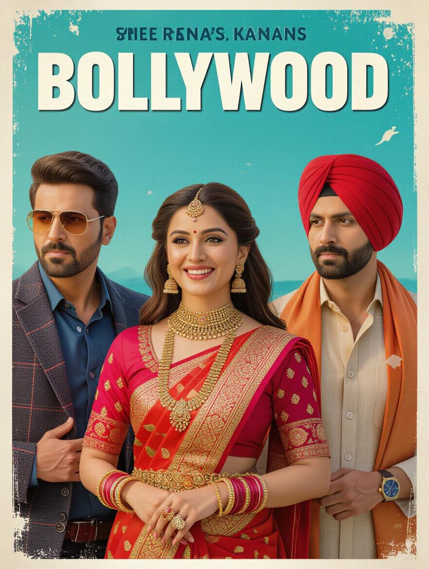 Bollywood themed poster featuring three characters. Bright colors and traditional attire. Capture the essence of Indian cinema.
