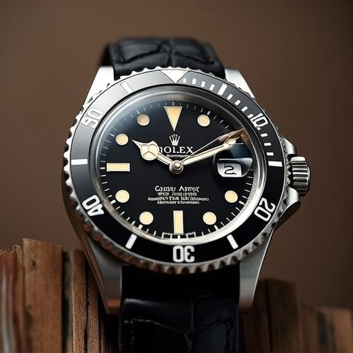 Close-up of a vintage Rolex Submariner watch on a black leather strap. Focus on the watch's features such as the dial, hands, and markers with a warm background.
