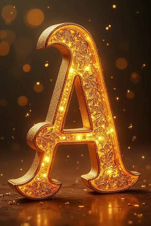 A richly embellished golden letter with intricate designs placed on a textured surface filled with glowing particles.