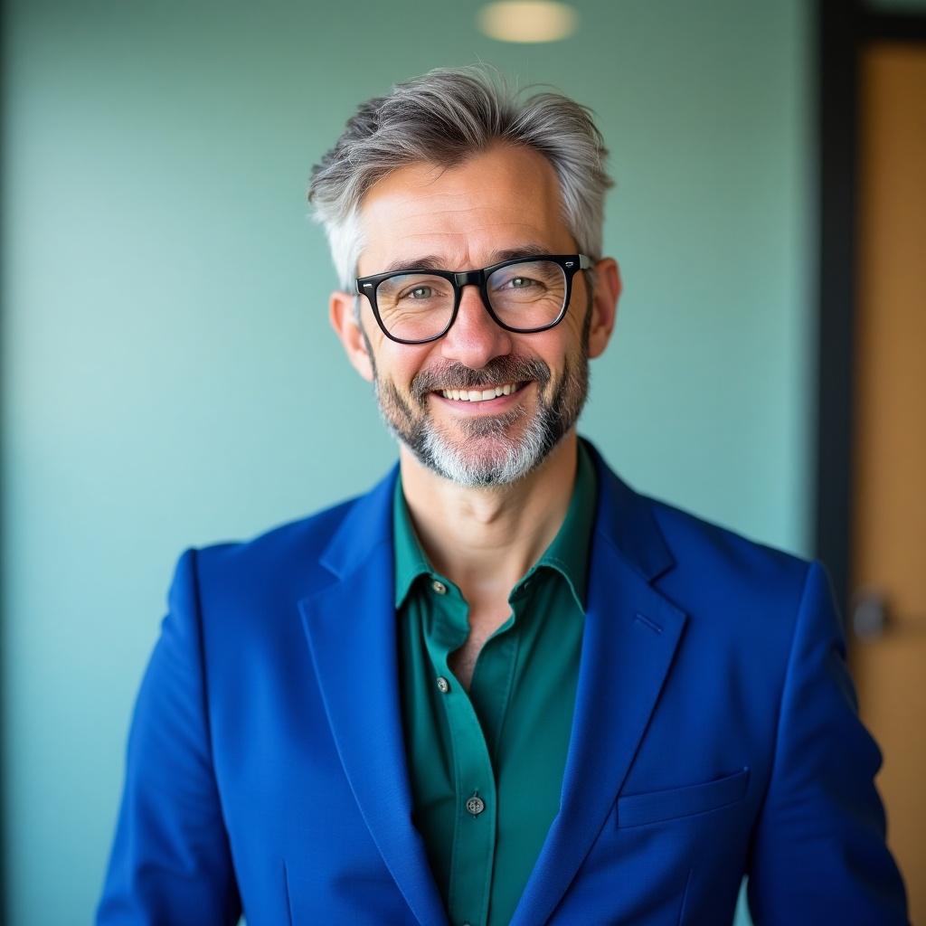 A confident gentleman wears bright blue blazer and green blouse. The background is pale teal. The image shows modern office setting. Lighting is soft and natural. Gentleman has a well-groomed beard.