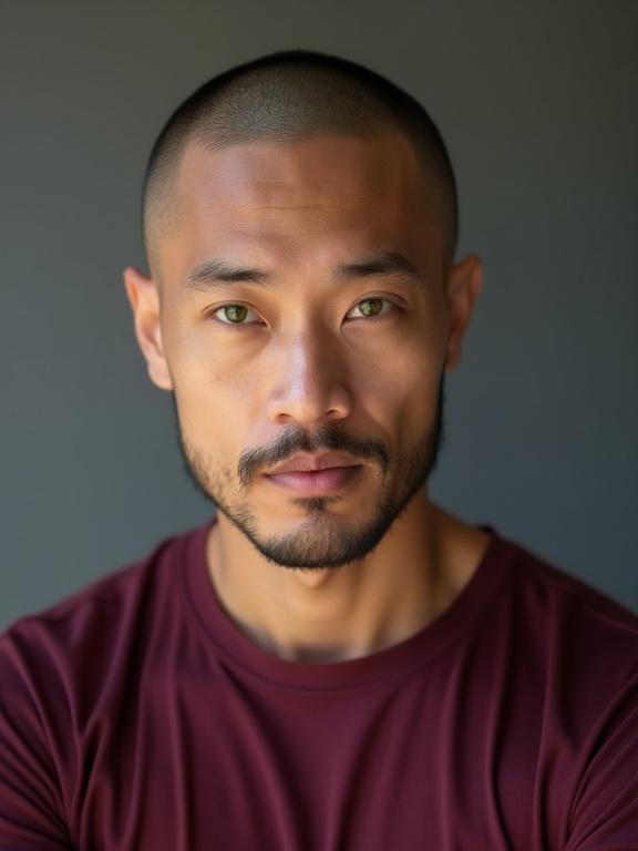 Studio portrait photograph. Young man with bright green eyes. Shaved beard and closely shaved head. Deep burgundy colored t-shirt. Complements his good complexion.