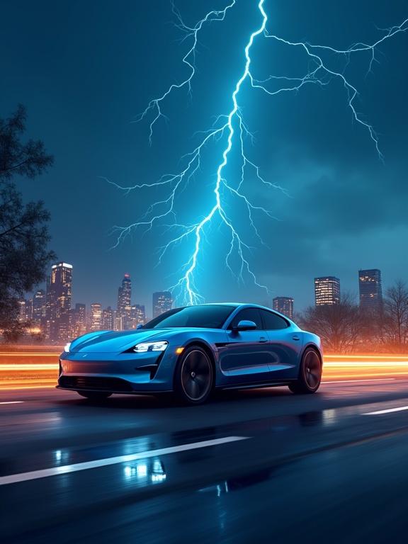 Image depicts a sleek blue electric car on a city road. Bright lightning strikes in the background. City skyline visible under a twilight sky. Car conveys modern technology and energy.