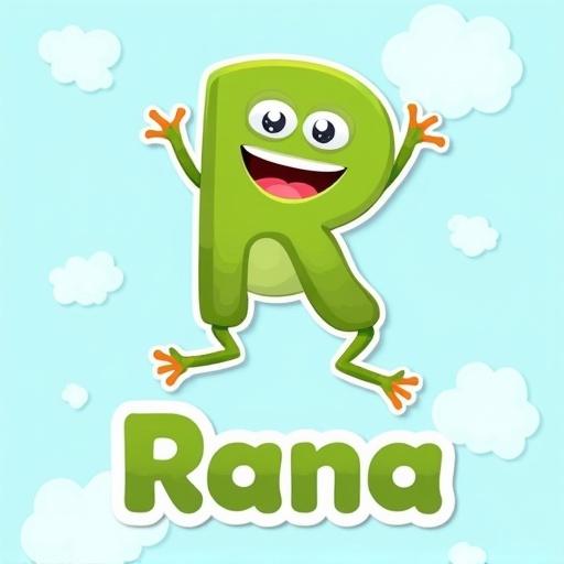 Colorful friendly illustration with light blue background and soft clouds. Center features large uppercase letter R resembling a jumping frog. Below is the word Rana in large letters. Cheerful and kid-oriented style with vibrant colors. Rounded corners and friendly proportions.