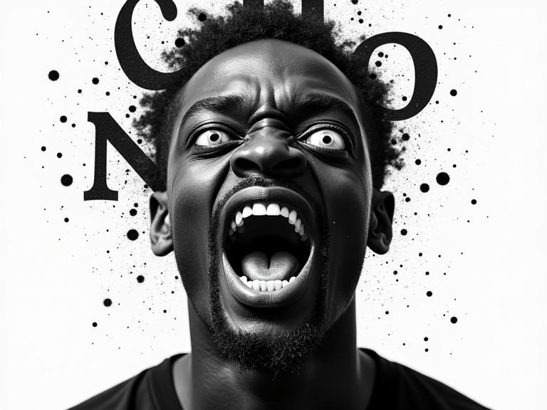 Striking black-and-white portrait of a Black man. Wide-open mouth and intense expression. Face fragmented and overlaid with multiple eyes and mouths. Surreal multi-layered effect with letters intersecting facial features. Minimal background with scattered speckles.