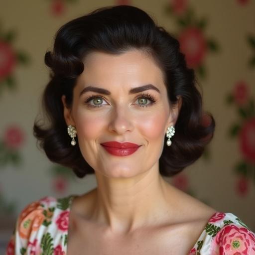 Charming beautiful housewife with 1950's hairstyle slightly smiling. Close-up portrait featuring diamond earrings. Floral wallpaper in the background. Subject appears chubby.