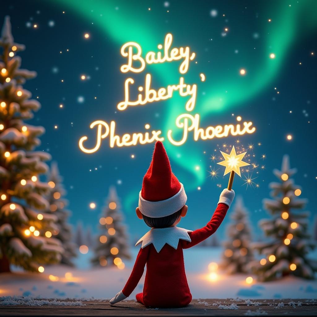 An enchanting Christmas scene featuring an elf on the shelf. The elf is dressed in classic red and white and has his back to the viewer. He is using a magic wand to write the names 'Bailey', 'Liberty', and 'Phoenix' in a glowing script in the dark sky above him. Vibrant northern lights create a magical ambiance in the background. Christmas trees adorned with lights are scattered in the foreground, enhancing the festive atmosphere.