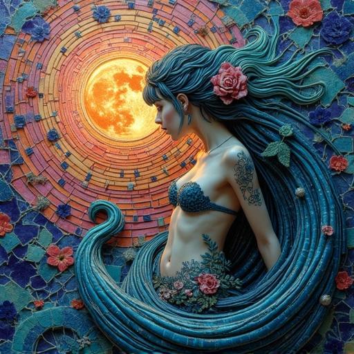 3D iridescent ceramic tile and glass mosaic featuring a woman in a patterned bikini, intricate mosaics surround a bright moon. Fantasy theme with textured elements.