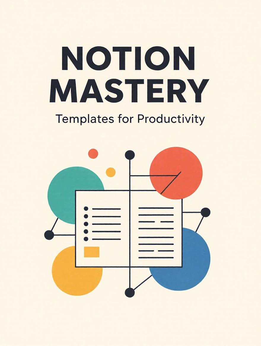 E-book cover titled Notion Mastery: Templates for Productivity. Layout is clean with abstract shapes that suggest organization and connection. Uses a limited color palette of 2-3 professional colors. Features a simple, readable sans-serif font. Includes ample white space and a minimalist illustration.