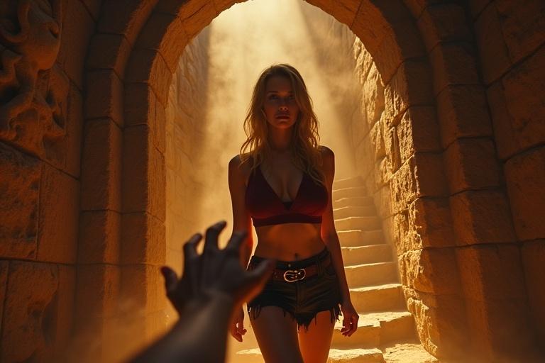 POV perspective looking at stone wall. Wall slowly opens revealing dark spiral staircase with flickering torches. Carvings of beasts lit by warm light. Dust in the air illuminated by torches. Hand reaches forward. Tall girl with golden hair and curvy figure. Red crop top and black frayed shorts. Warm golden light and deep shadows