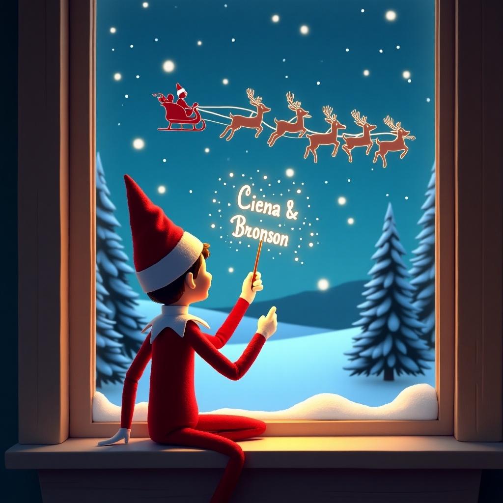 An enchanting scene features an Elf on the Shelf sitting by a window, facing away from the viewer. The elf joyfully uses a wand to create sparkles in the night sky, spelling out the names Ciena and Bronson. In the background, Santa’s silhouette flies across the snowy landscape in his sleigh with reindeer. The warm glow from the window adds a magical touch to the winter night. Pine trees and a starry sky enhancing the festive atmosphere complete the dreamy setting.