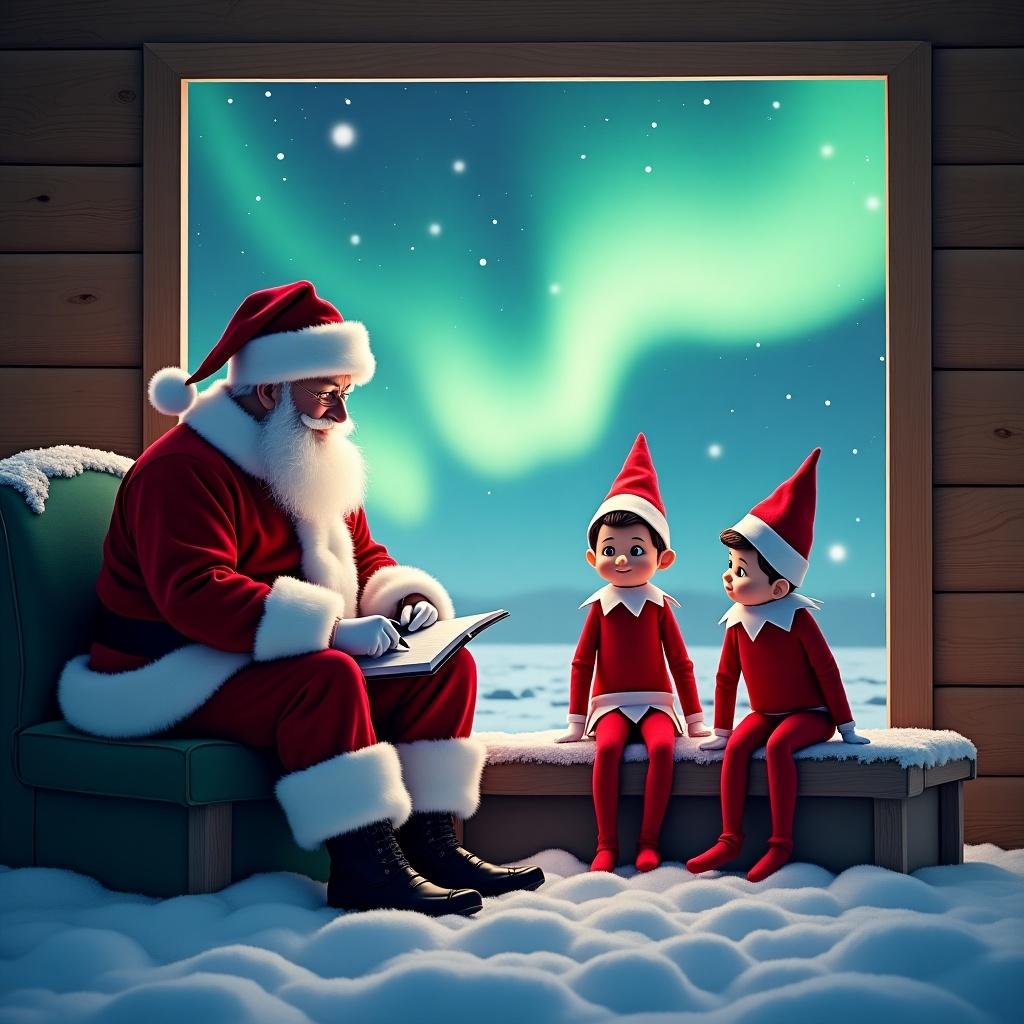 The image features Santa Claus and two elves from the 'Elf on the Shelf' tradition in a cozy cabin setting. They are seated by a window, writing notes as they prepare for the upcoming festive season. Outside, the sky is alive with colorful northern lights, creating a magical backdrop. The elves have eager expressions, excited for the holiday. The snowy ground reflects the soft colors of the aurora borealis, enhancing the enchanting atmosphere. The scene beautifully captures the essence of Christmas and the spirit of giving, making it perfect for holiday-themed content.