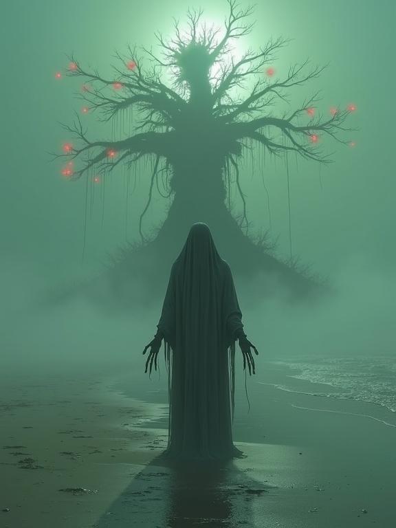Photograph of a ghostly figure in a misty shoreline. The figure wears tattered grey cloth with skeletal fingers. Behind is a biomechanical tree structure with red orbs. The sky is green and features pale moonlight, creating a feeling of dread.