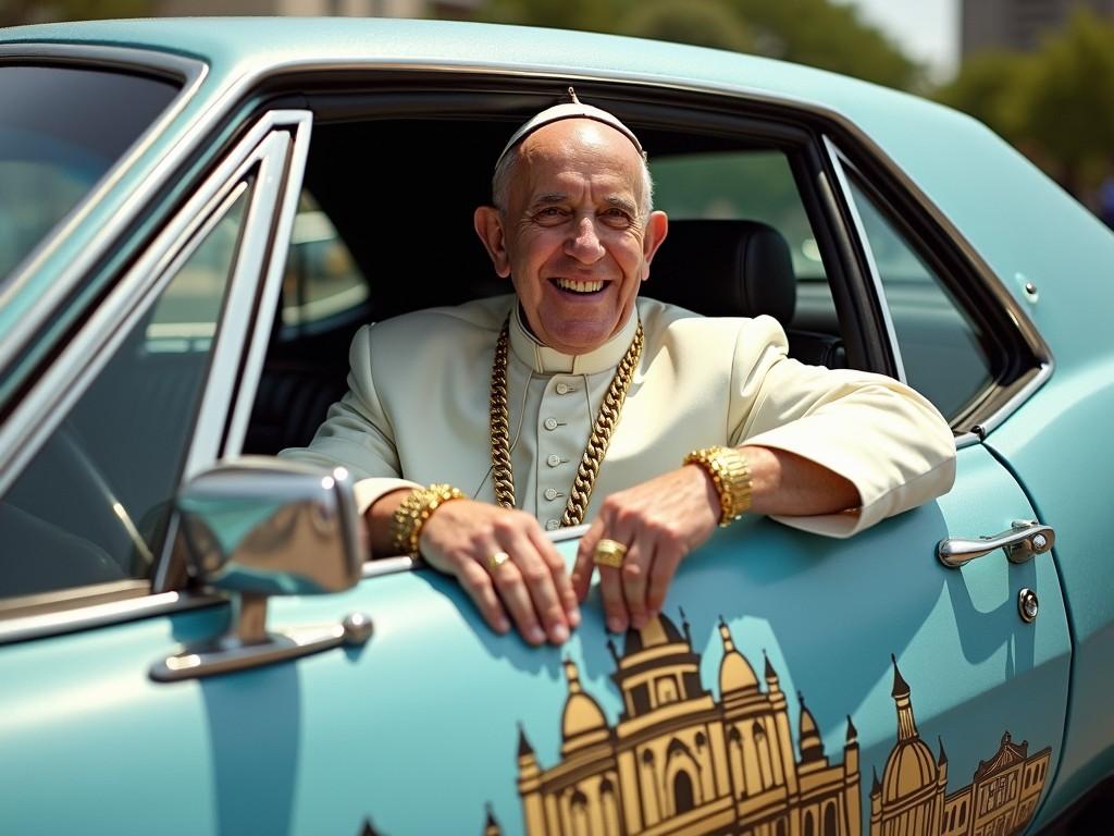 The image portrays a man dressed in formal white and gold attire, sitting joyfully in a vintage car with elaborate designs on its side. The man's attire and layered gold jewelry give the impression of a religious figure with a touch of modern flair. The car's mint green color and ornate detailing add a whimsical and eclectic charm to the scene.