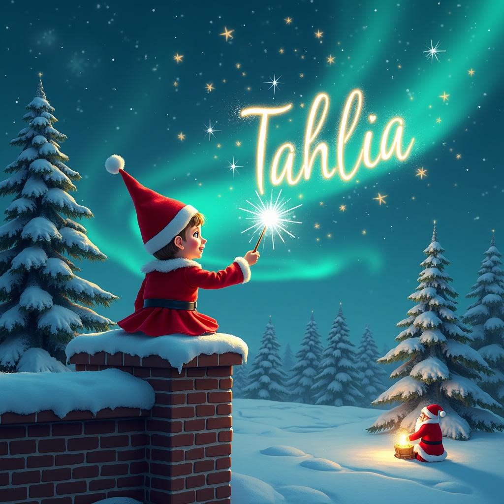 Magical moment with sparkling wand writing 'Tahlia' in the night sky. Enchanting northern lights above create festive atmosphere. Snow-covered trees nearby and Santa Claus in the distance. Whimsical holiday spirit. Girl elf on shelf sitting on chimney with back facing viewer.