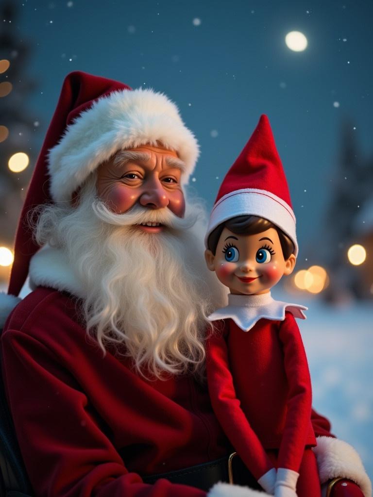 Red haired Elf on the Shelf takes a selfie with Santa during their sleigh ride back to the North Pole at night. Snow falls gently. Soft lights twinkle in the background. Their outfits are classic festive colors.