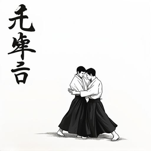 Vertical kanji for Aikido in expressive black brushstrokes on top left. Below the kanji two aikidokas perform a koshinage in a dynamic illustration. Sumi-e ink painting style with energetic black brushstrokes on white. Clean and elegant Japanese design.