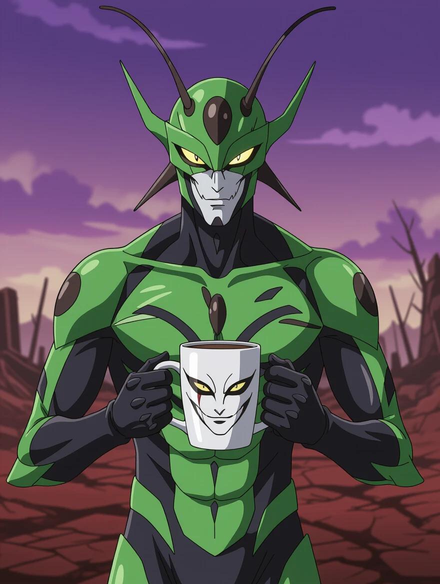 Insectoid villain character in green and black exoskeleton stands proud holding a white mug with his sinister face on it in a scorched earth battleground with purple skies.