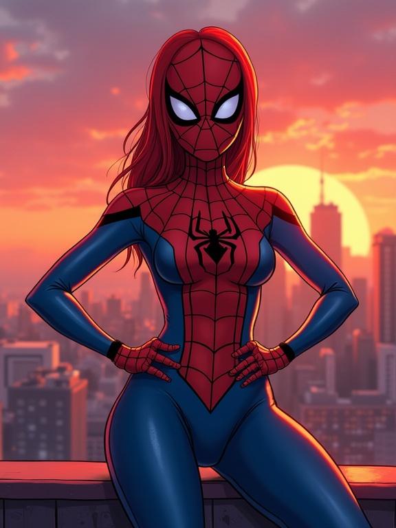 A cute girl in a skinny spider suit sitting on a ledge in front of a cityscape at sunset. Character poses with hands on hips. Background features a sunset with buildings.