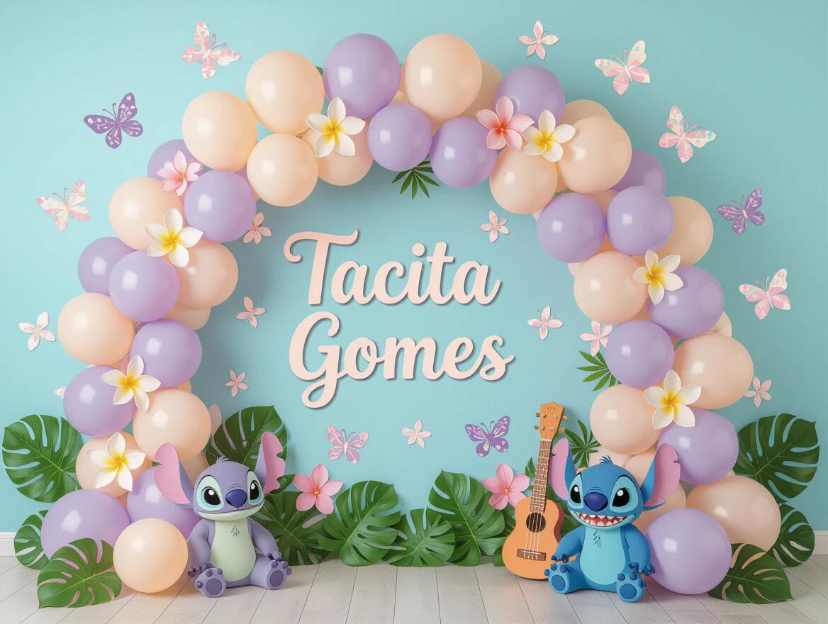 Design professional celebration backdrop featuring tropical Lilo & Stitch-inspired setup. Use clustered balloons in soft purple lavender and peach tones. Maintain light blue background. Replace butterfly prints with subtle pastel Hawaiian motifs such as hibiscus flowers and palm leaves. Incorporate artificial greenery and tropical florals among balloon arrangement. Add large decorative elements like cartoon-style surfboards and ukuleles. Preserve cursive text 'Tacita Gomes' prominently. Emulate studio-style atmosphere with clean lighting and whimsical yet polished aesthetic for birthday or baby shower.