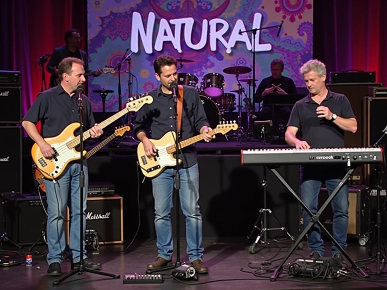 The image shows a live music performance on a stage. There are three musicians visible, each playing different instruments. One musician is playing the bass guitar, while another plays a guitar, and a third is on a keyboard. Behind them, there is a colorful backdrop with the word 'NATURAL' prominently displayed. The stage is equipped with various musical equipment and amplifiers. The overall atmosphere conveys a lively and engaging music event.