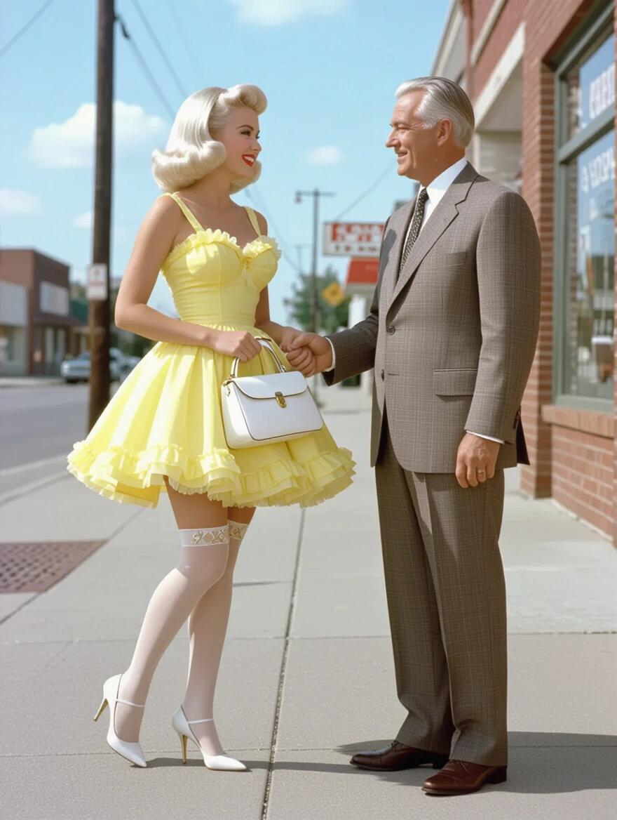 Side view of a woman with platinum blonde hair holding a white purse in a yellow frilly sundress. Long legs with garters and thigh-high ivory stockings. Standing on a city sidewalk holding hands with an older man. Wind blowing up dress.