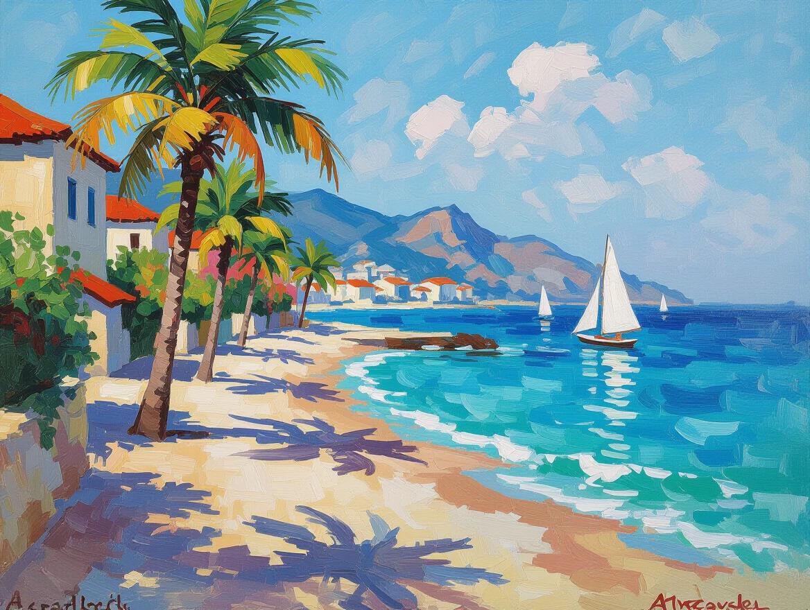 Vibrant tropical beach scene with palm trees. Sailboat floating on turquoise water. Bright sunlight illuminating the landscape. Lush greenery and vivid colors adorn the scene. Evocative of Aivazovsky and Monet styles combining.