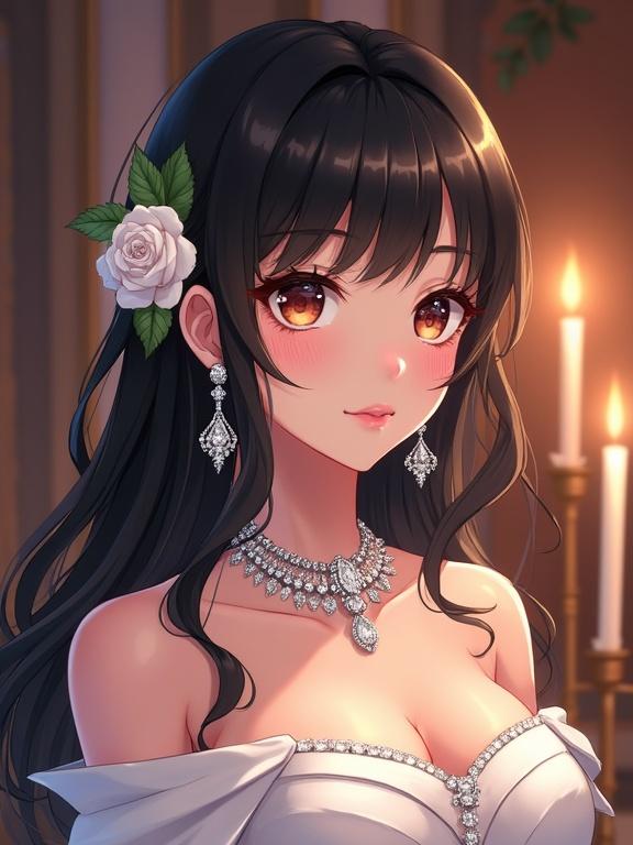 A black-haired lady in a luxurious off-shoulder white dress. She has a beautiful face with charming eyes. She wears a stunning diamond necklace and earrings. A white rose is in her hair. The setting has a warm, luxurious atmosphere with candlelight. High-quality artwork, posted on art station.