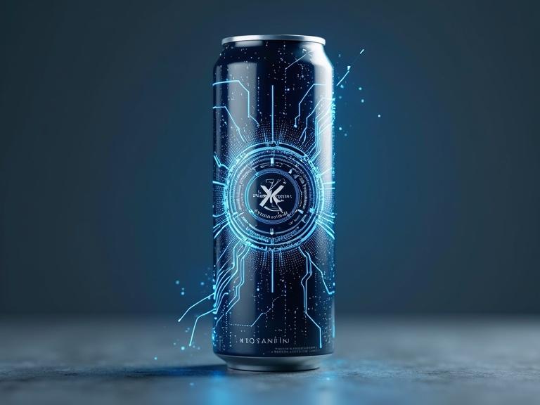 Futuristic sleek can of energy drink labeled KONSTANTIN. Electric circuit design on the can. Dark background to enhance visual impact.