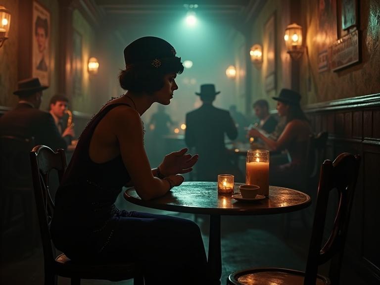 A photorealistic digital artwork depicting a hidden speakeasy from the 1920s in New Orleans. The scene shows a woman in a dark flapper dress at a small table, surrounded by patrons in vintage clothing. The interior is dimly lit by candles and brass lamps, creating dramatic shadows against wallpapered walls adorned with vintage posters. A jazz band is faintly visible in the background, evoking a warm, smoky atmosphere, with a sense of intrigue and danger.