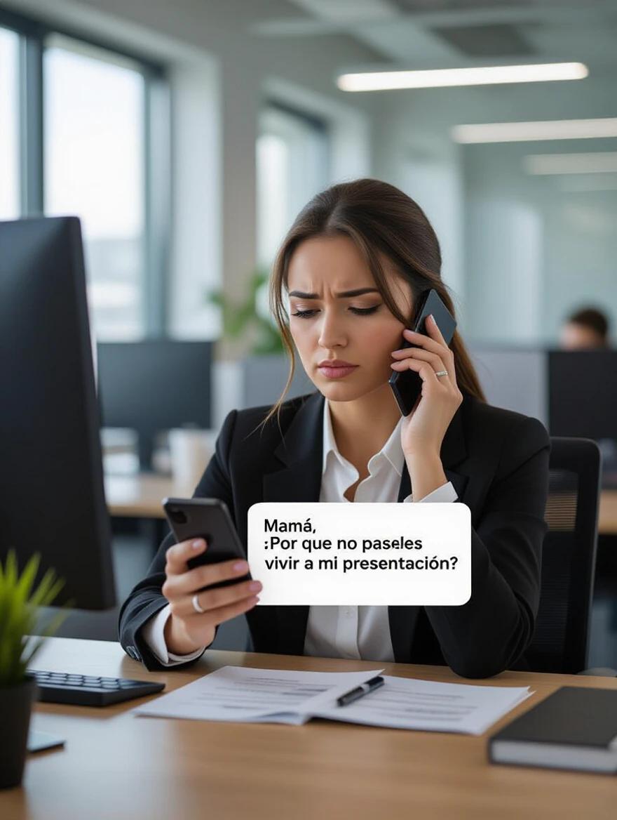 Mexican working woman sitting at a desk in a corporate office Building. She looks stressed and is reading a message on her smartphone. The message asks why her mom can't attend her presentation. The office background is blurred. Soft light enhances the mood.