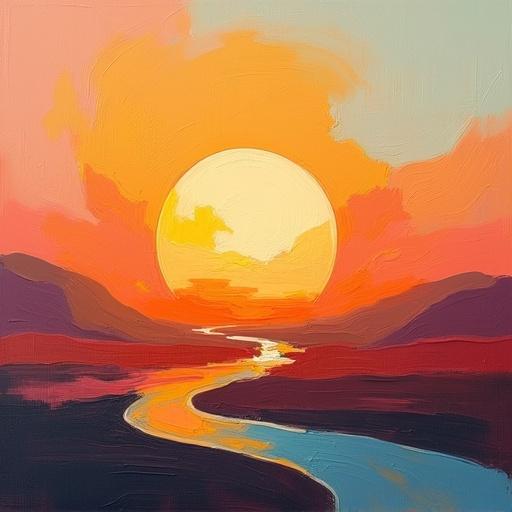 Contemporary digital oil painting of a minimalist sunset with cubist elements. Features rough brushstrokes and artistic cubist details. Flat colors combined with dynamic silhouette design. Minimalist style presents repeated voids resembling film negatives. Shadows intertwine with cubist edges resembling film strips.