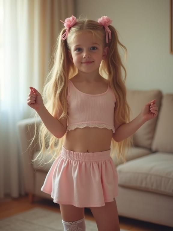 Young girl dancing in a living room. Long blonde hair in twin tails. Wearing a pink crop top and a miniskirt with thigh-high socks. Soft lighting filters through the window. Playful and flirty vibe in her pose. Simple black shoes complete the look.
