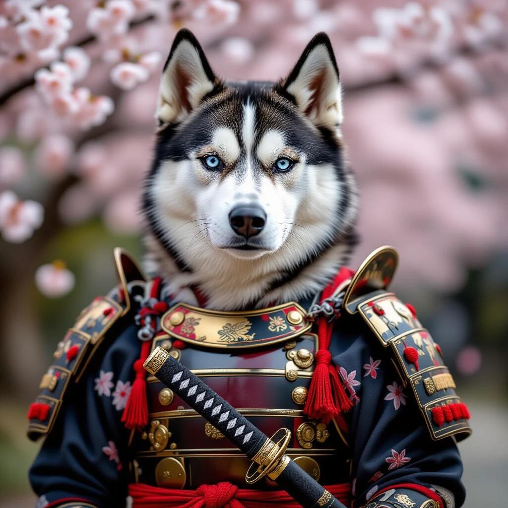 Samurai-themed husky dog wears traditional Japanese armor. Dog stands proud holding a miniature katana. Background blurred with cherry blossoms. Close-up on determined face with film grain texture. Shot from a low angle.