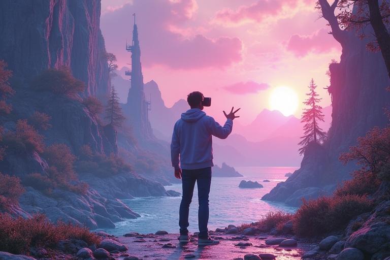 A person standing in a fantasy world wearing VR goggles. The person gestures as if interacting with objects in a vibrant, magical landscape filled with trees, a river, and mountains. A sunset casts a warm glow over the scene.