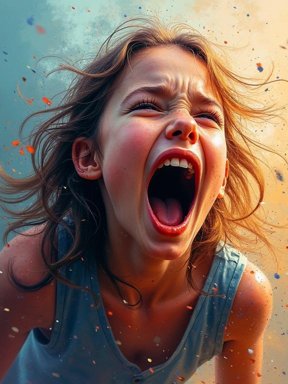 Digital oil painting depicting a girl screaming with kinetic energy. The image shows fast motion blurred lines and shattered colors.