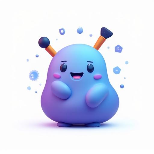 A cute digital mascot character appears with a minimalist 2D flat design. Smooth, abstract blob shape has a happy face. Tech-themed elements include a camera, brush, and microphone placed on top. The color gradient transitions from blue to purple. The style is vector, set against a white background. This character serves as a logo mascot for a creative AI company.