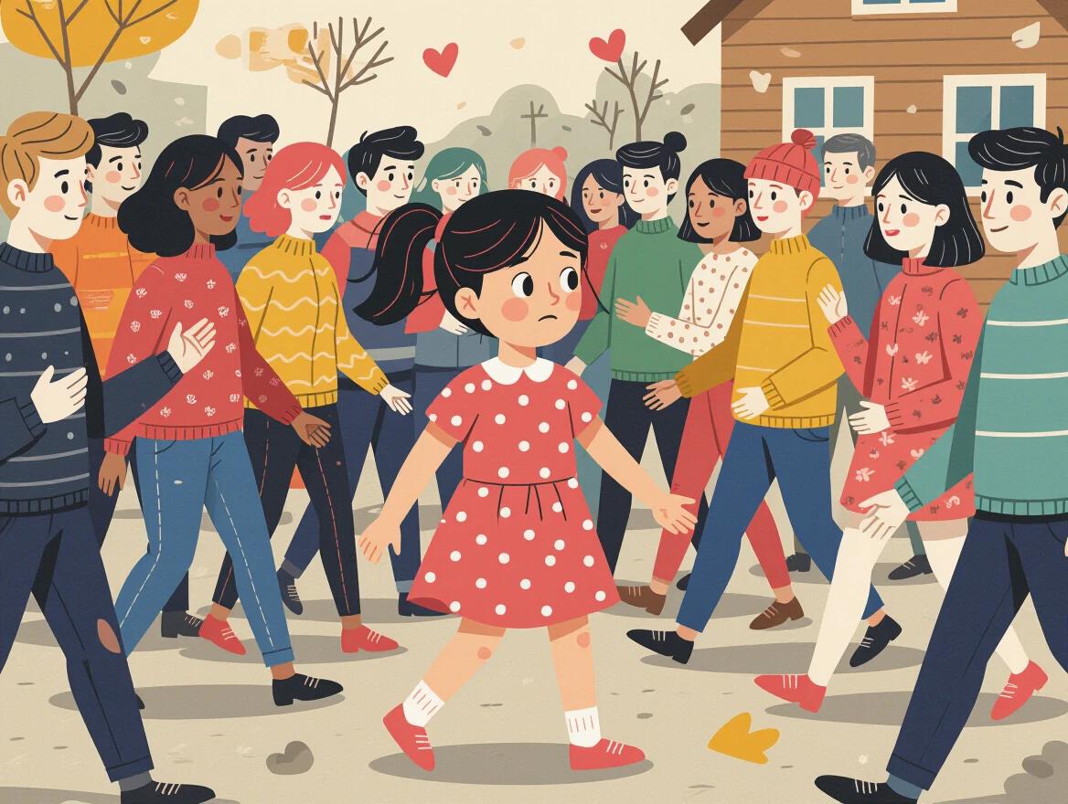 Digital illustration shows young girl in pink polka-dotted dress and short black hair tied in a ponytail standing in a strange crowd. Atmosphere is confusing and surreal. Girl looks lost and scared. Unfamiliar faceless people pass by quickly in random directions. She appears overwhelmed and bumped. Colors are soft. Mood is anxious. Background is blurry to enhance sense of disorientation.