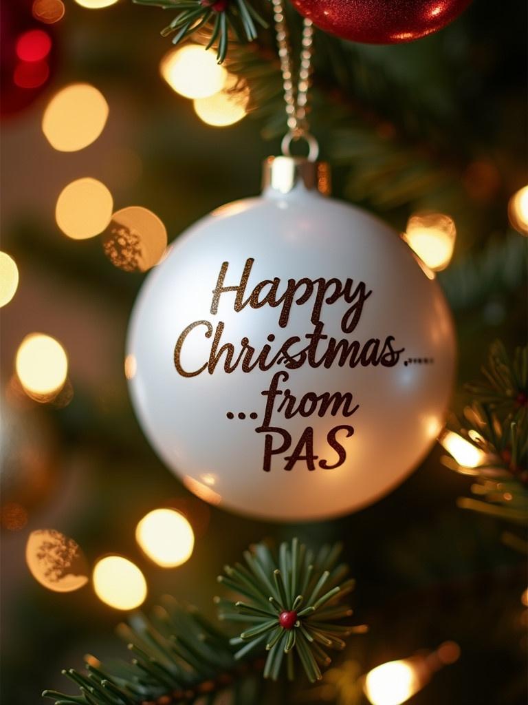 Close-up of a white Christmas bauble with Happy Christmas from PAS. Background filled with twinkling lights creates a magical ambiance.