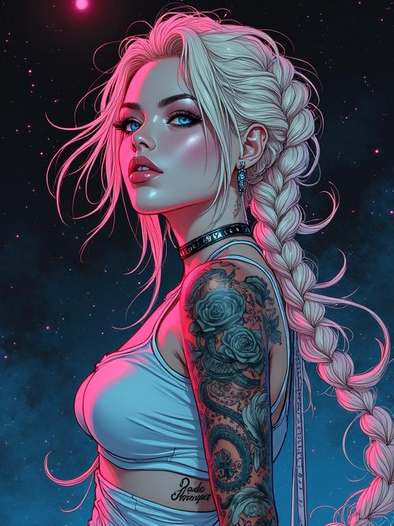 Hand-drawn sketch in the style of Takehisa Yumeji. Cyberpunk goddess in a night sky. Influenced by Masamune Shirow. Woman with fair skin and perfect features in hip-hop pose. New school tattoos. Long braids and athletic body. Colorful sketch style with dramatic, vibrant colors. Futuristic background. Focus on expression and eye details. Pixel-perfect illustration inspired by modern trends.