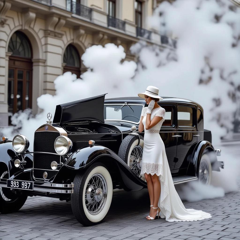 A female wearing a white lace dress and a cloche hat leans over the fender of a vintage Mercedes-Benz. Her palms pressed to her cheeks show her despair. Steam erupts from the car radiator, shrouding the scene in mist. A classic automotive backdrop captures the elegance of a bygone era.