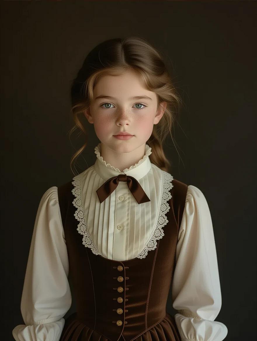 Realistic image of 15-year-old child in 19th-century clothing standing against a dark background. Soft lighting with cinematic tones, detailed textures. Calm expression, high realism. Aspect ratio 9:16.