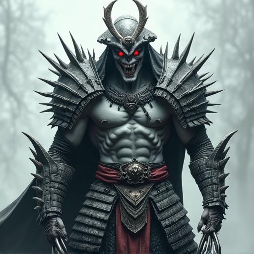 Muscular vampire with red eyes and sharp teeth. Wearing grey samurai armor covered in spikes. Two claws on left gauntlet. Holding a sharp sword.